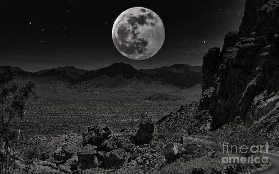 Nature Photograph - BW Full Large Moon Valley of Fire Nevada  by Chuck Kuhn