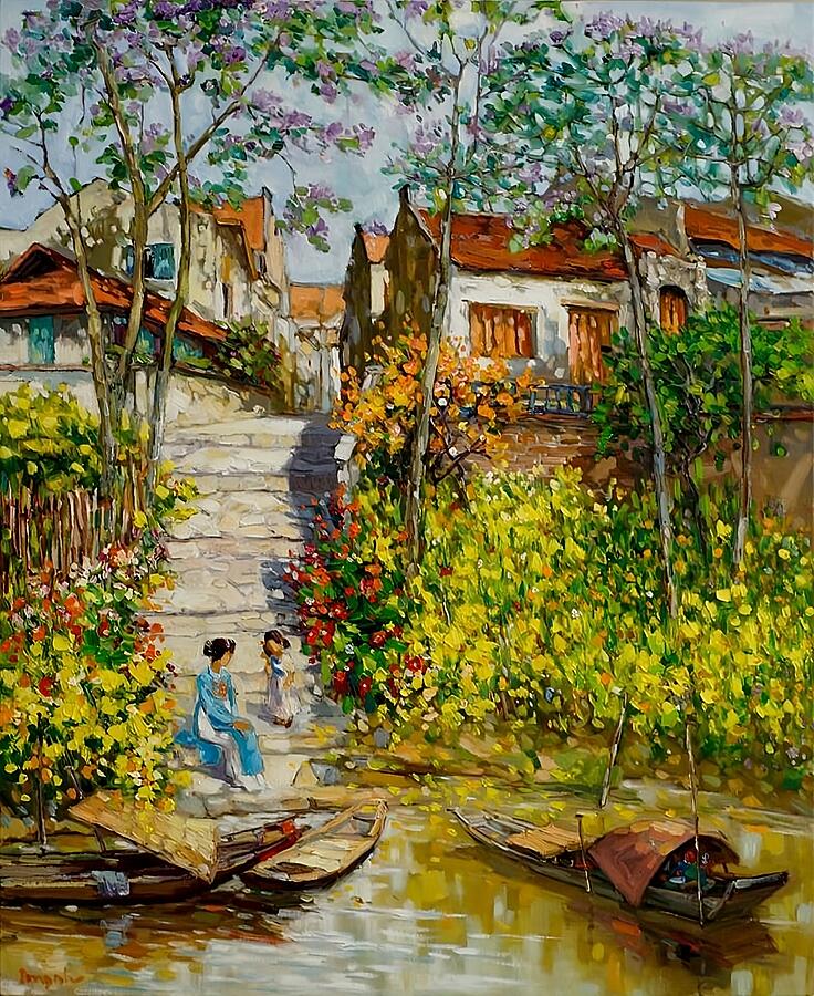 By Village Pond Painting by Manh Quang - Fine Art America