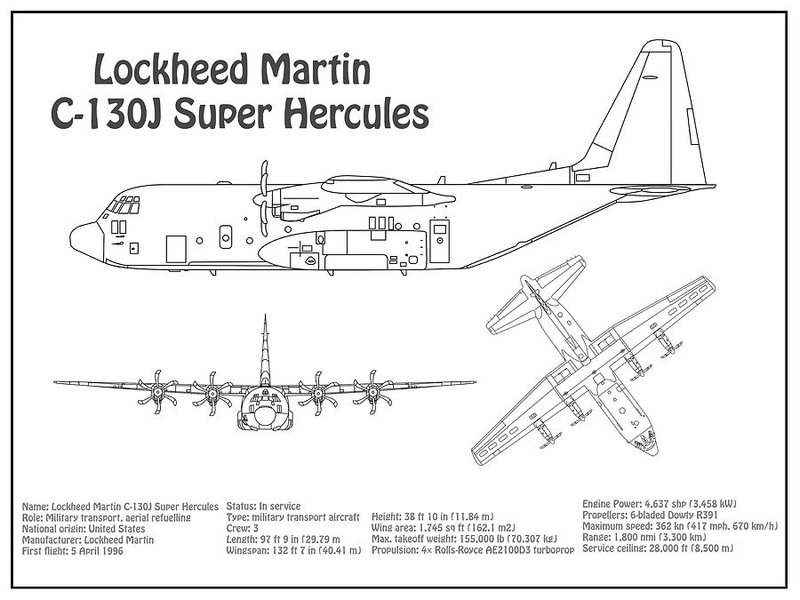 C130 Hercules Airplane Blueprint. Drawing Plans Schematics bd