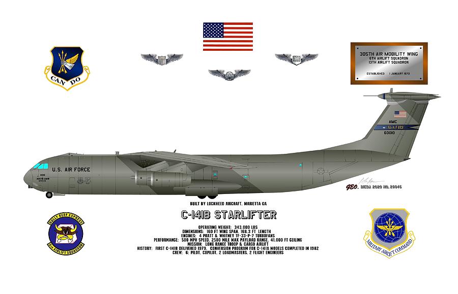 C-141B Starlifter Profile Data Print, 6th AS, 305th AMW Digital Art by George Bieda
