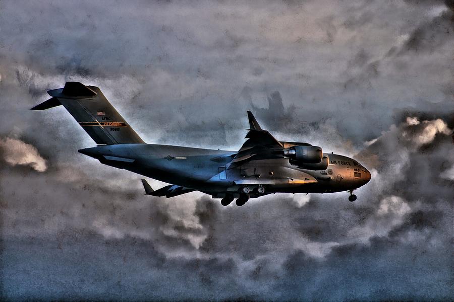 C-17 Landing at Twilight Mixed Media by Christopher Reed