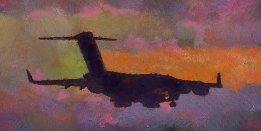 C-17 Landing into the Sunset Mixed Media by Christopher Reed