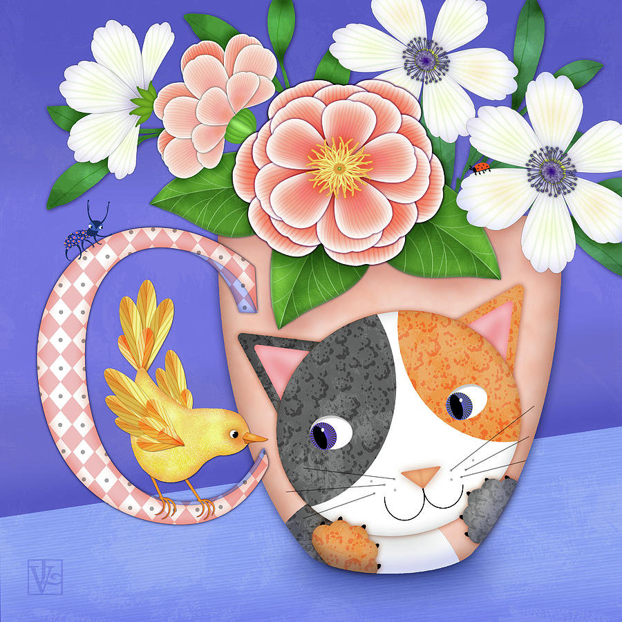 C is for Cat on a Cup with Canary Digital Art by Valerie Drake Lesiak
