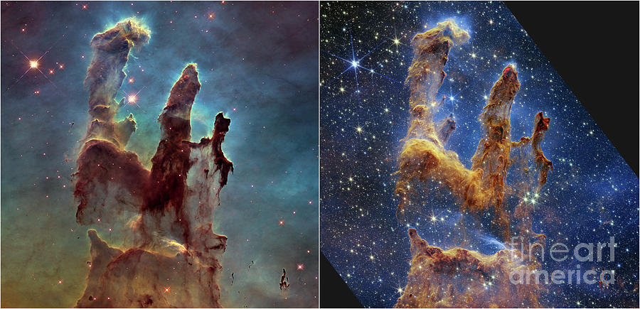 Pillars of Creation, JWST and Hubble images Photograph by Science Photo Library