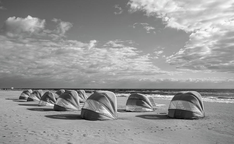 Cabana Umbrellas on the Beach Black and White Photograph by Debra and Dave Vanderlaan