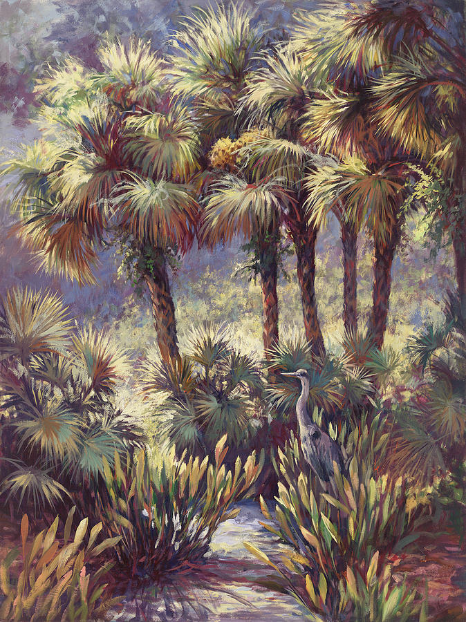 Everglades National Park Painting - Cabbage Palms  And Heron by Laurie Snow Hein