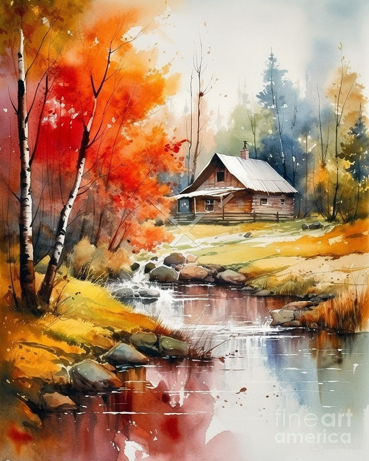 Cabin and Stream II Mixed Media by Jay Schankman