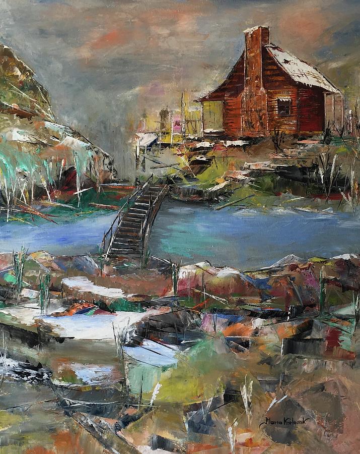 Cabin by the river Painting by Maria Karlosak