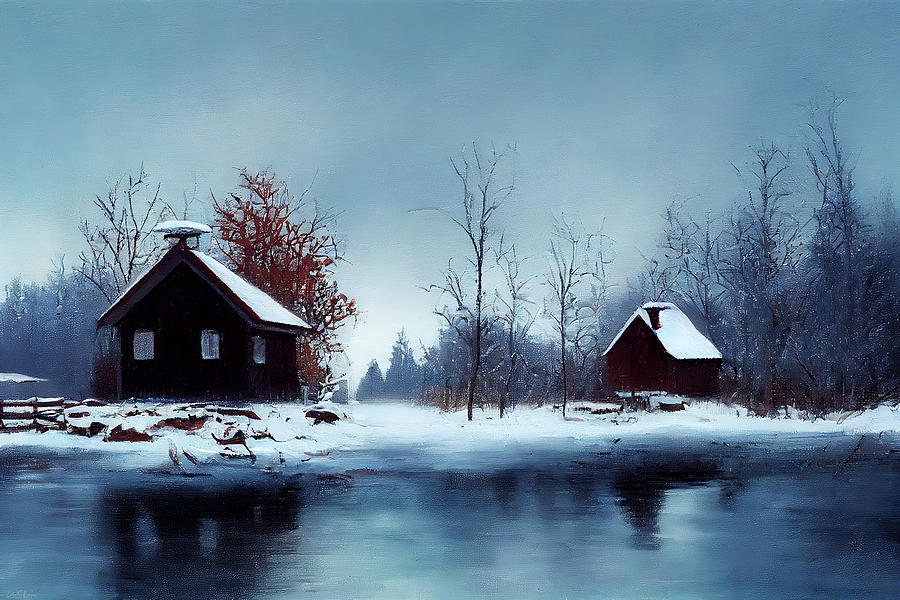 Winter Digital Art - Cabin in the Snow by Lisa S Baker