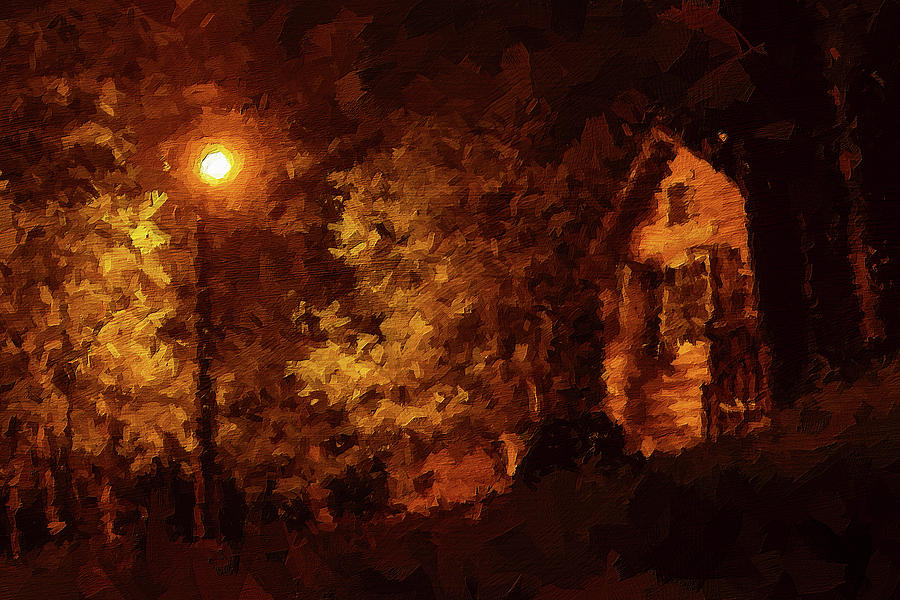 Cabin In The Woods At Night In Oil Painting Photograph