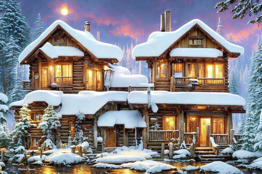 Cabin in the Snowy Woods Digital Art by Stephen Younts