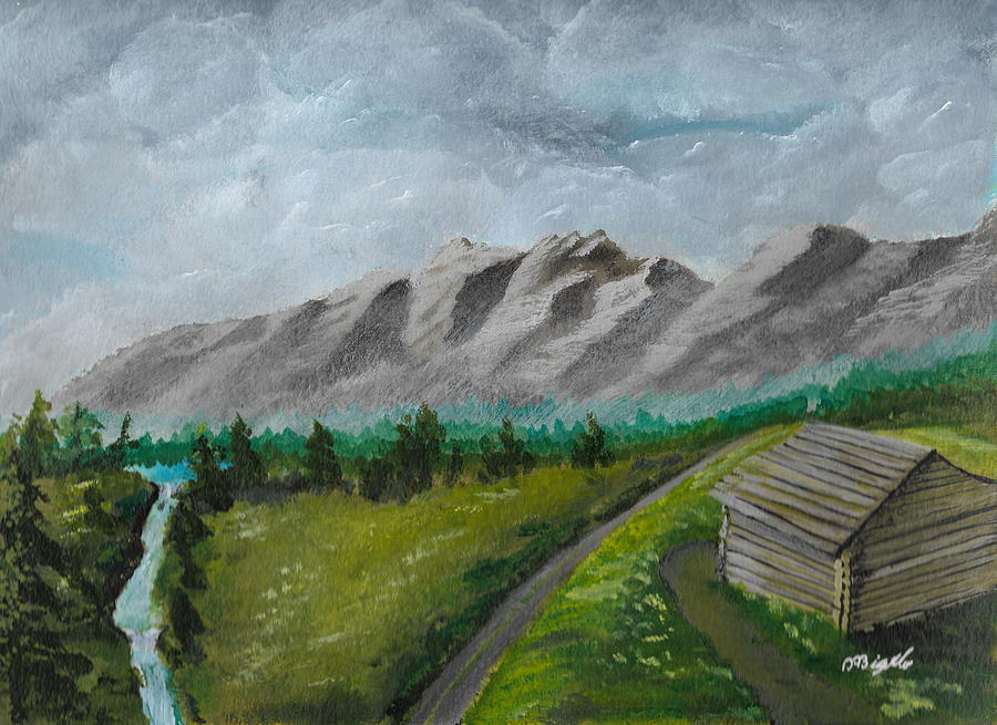 Cabin on hill Painting by David Bigelow