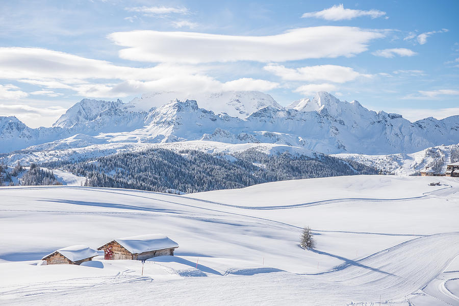 Cabin Retreat Snowscape. Get away ski weekend. Dolomites Photograph by Malorny