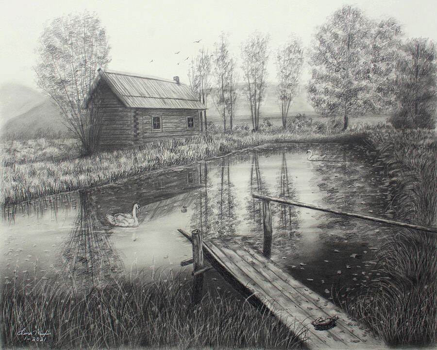 Cabin With a Pond Drawing by Lena Auxier