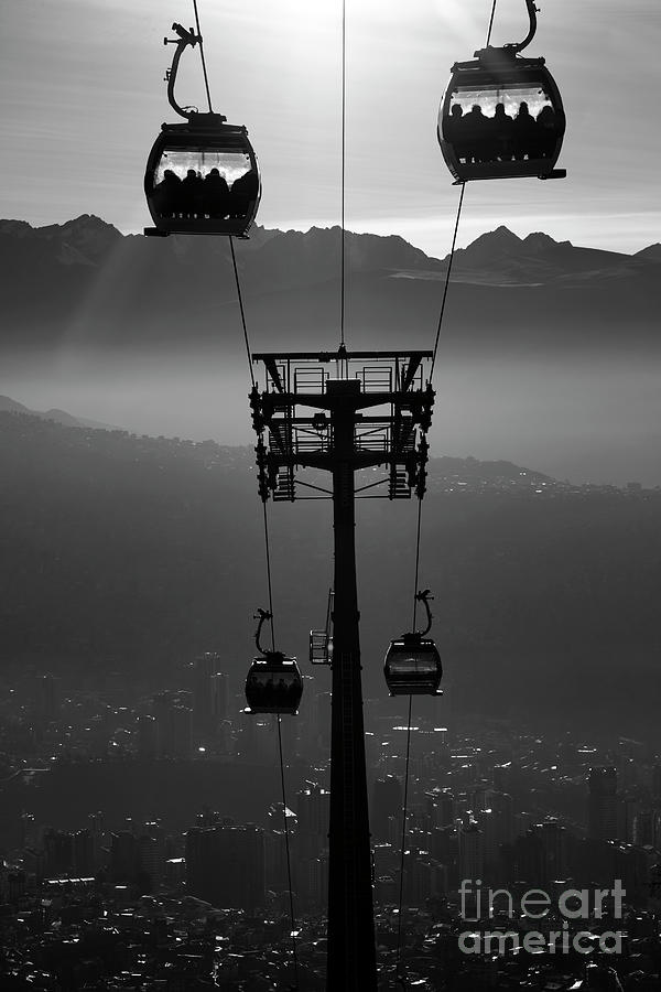 Cable Cars above La Paz in black and white Bolivia Photograph by James Brunker