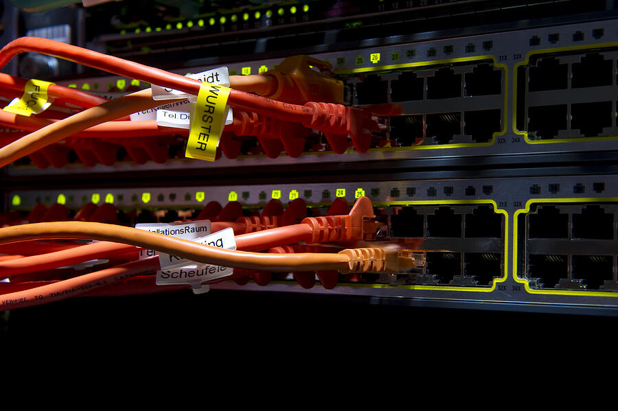 Cabling and jacks on an internet server Photograph by Daniel Schoenen