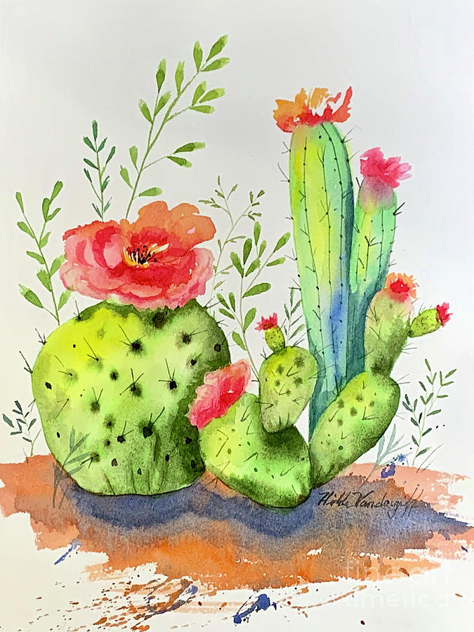 Cactus and Prickly Pear Plants Painting by Hilda Vandergriff