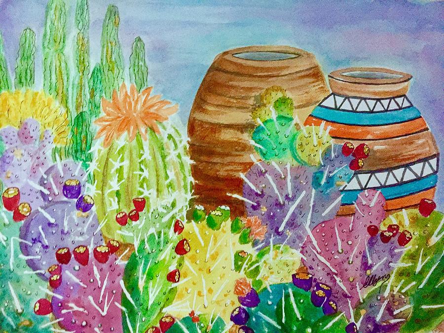 Cactus Garden and Southwest Pottery  Painting by Ellen Levinson