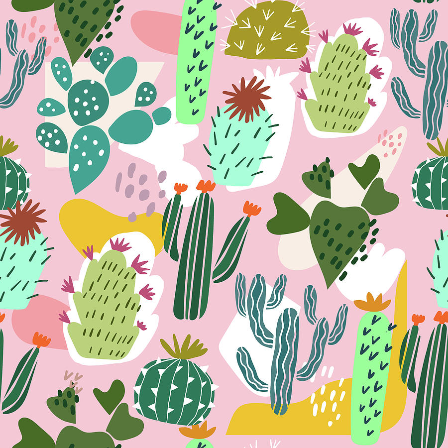 Cactus Seamless Pattern Hand Drawn Illustration. Cacti Background Isolated On Pink Drawing