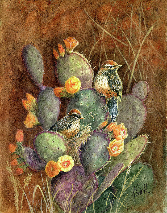 Wildlife Painting - Cactus Wrens In Prickly Pear by Marilyn Smith