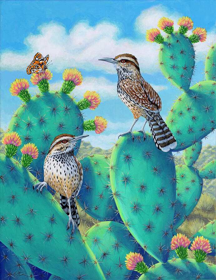 Cactus Wrens Painting by Tish Wynne
