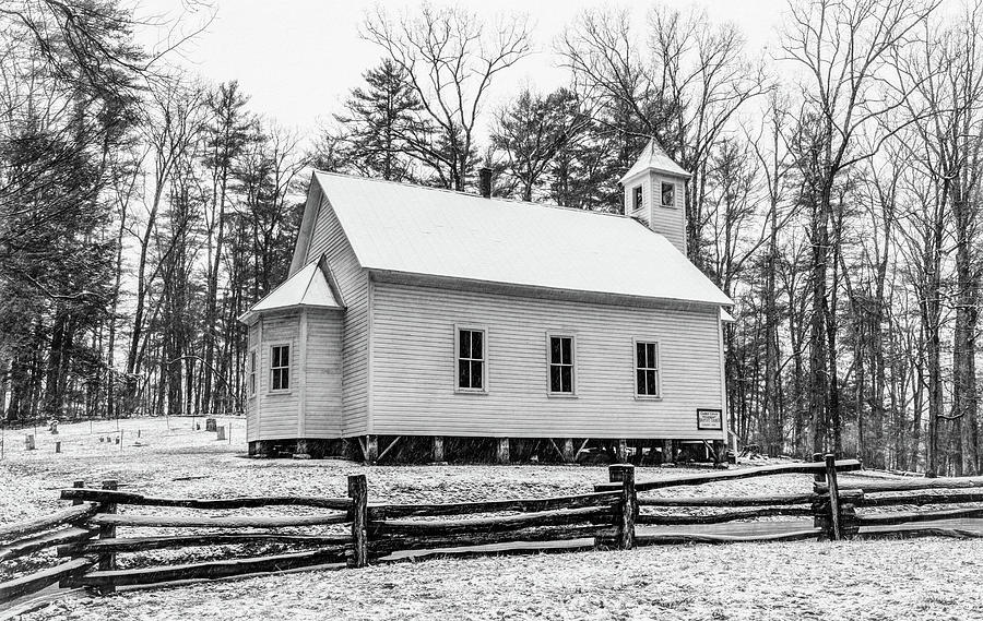 Cades Cove Missionary Baptist Church Side View, Black and White Photograph by Marcy Wielfaert
