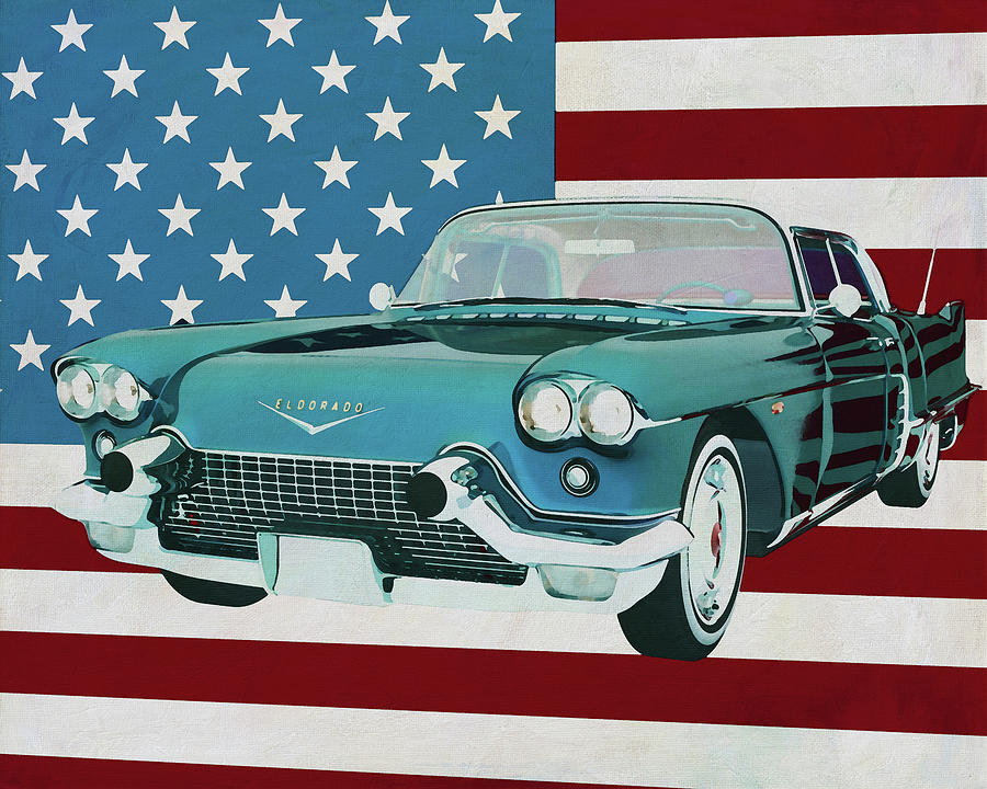 Cadillac Eldorado Brougham 1957 in front of the American flag Painting by Jan Keteleer