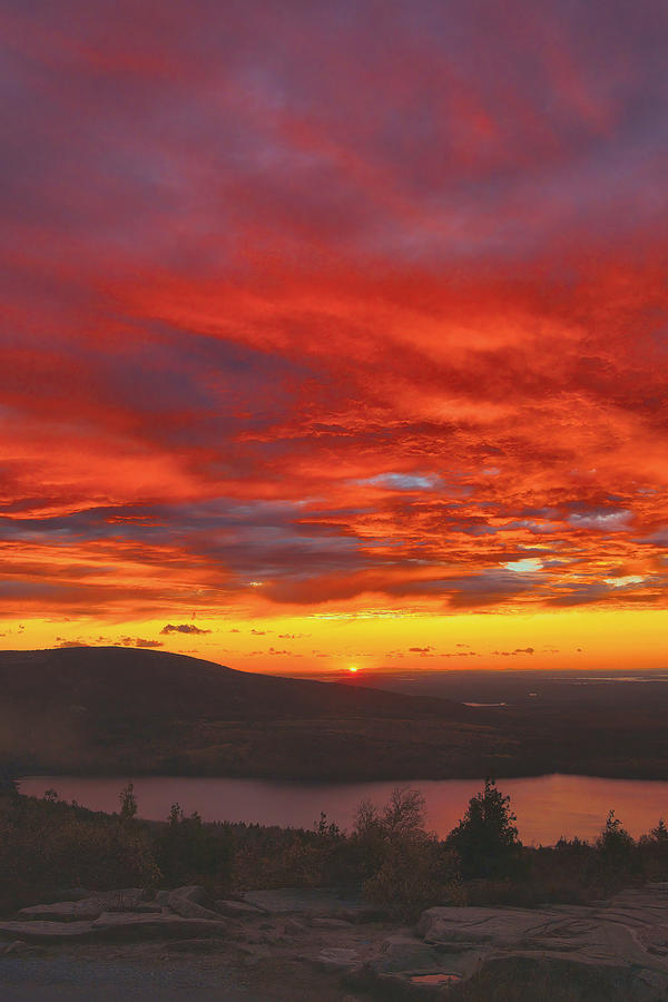 Cadillac Mountain Sunset Expolosion Photograph by Stephen Vecchiotti