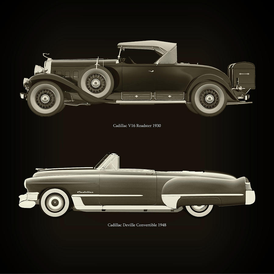 Cadillac V16 Roadster 1930 and Cadillac Deville Convertible 1948 Photograph by Jan Keteleer