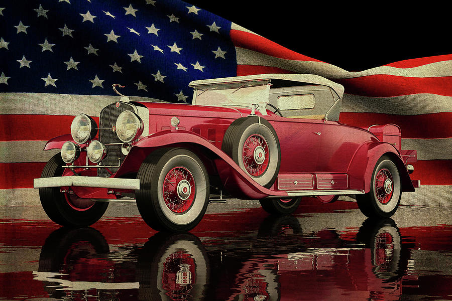 Cadillac V16 Roadster 1930 with American flag Digital Art by Jan Keteleer