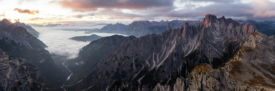 Cadini Peaks Tre Cime di Lavaredo Dolomites Italy aerial at sunr Photograph by Sonny Ryse