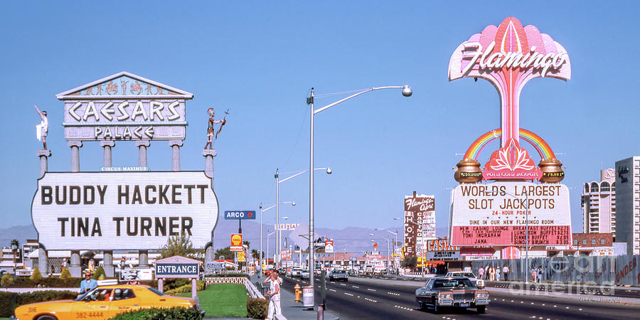 Caesars Palace Casino and Flamingo Casino Marquee Signs 1970s 2 to 1 Ratio Photograph by Aloha Art