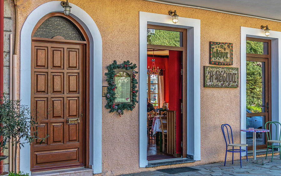 Cafe Doors in Arachova, Greece Photograph by Marcy Wielfaert