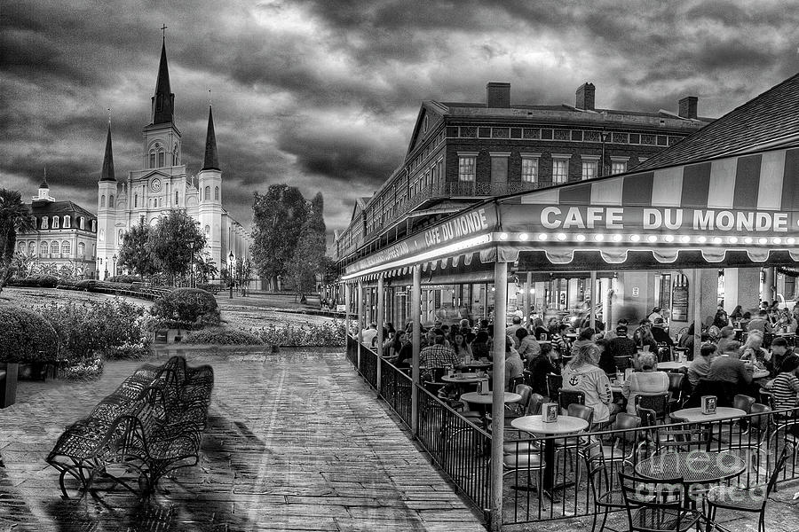 French Quarter Architecture Photograph - Cafe du Monde Black and White by Alex Demyan