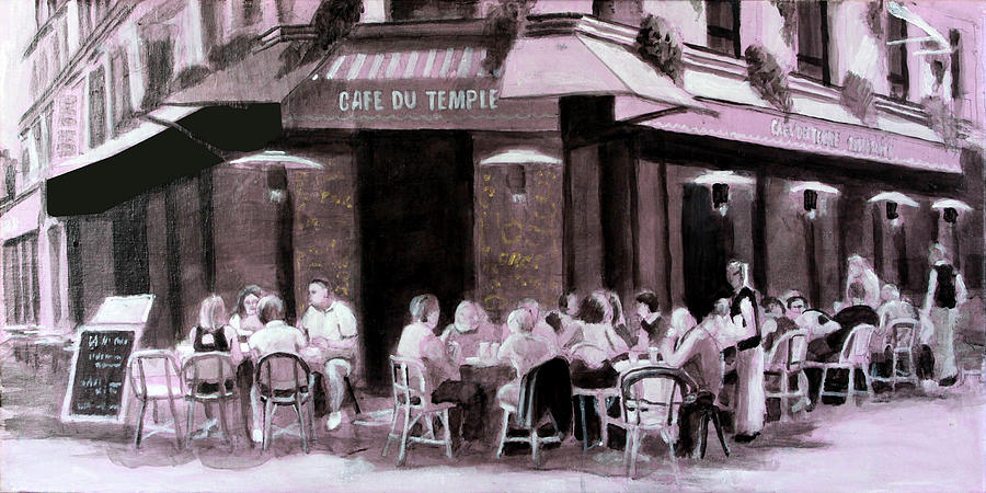 Cafe Du Temple grisaille Drawing by David Zimmerman