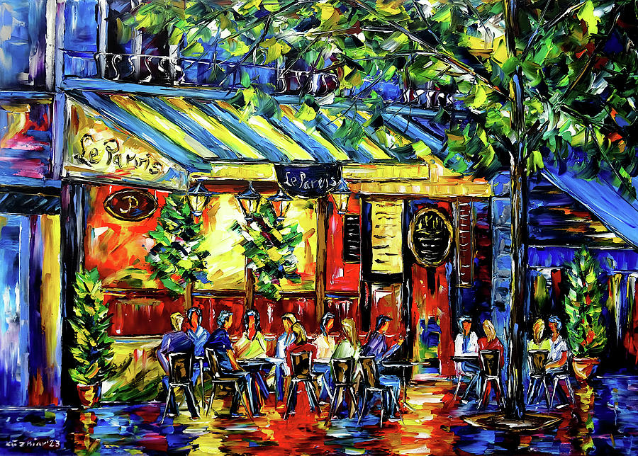 Cafe le Parvis in the evening Painting by Mirek Kuzniar