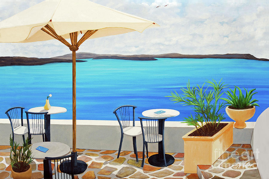 CAFE ON THE RIM, Santorini-prints of oil painting Painting by Mary Grden