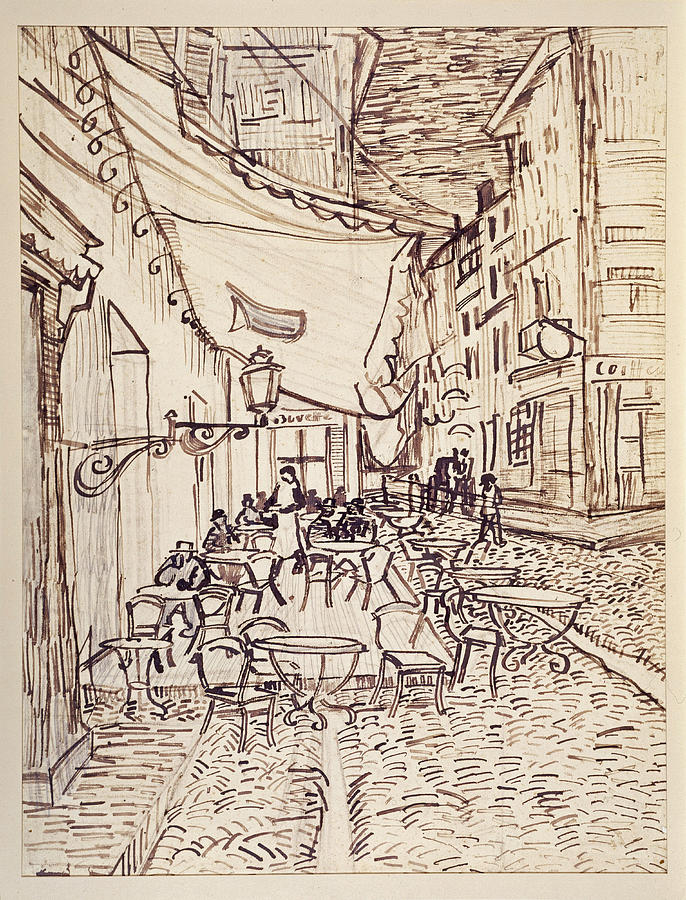 Cafe Terrace at Night 2 Drawing by Vincent van Gogh