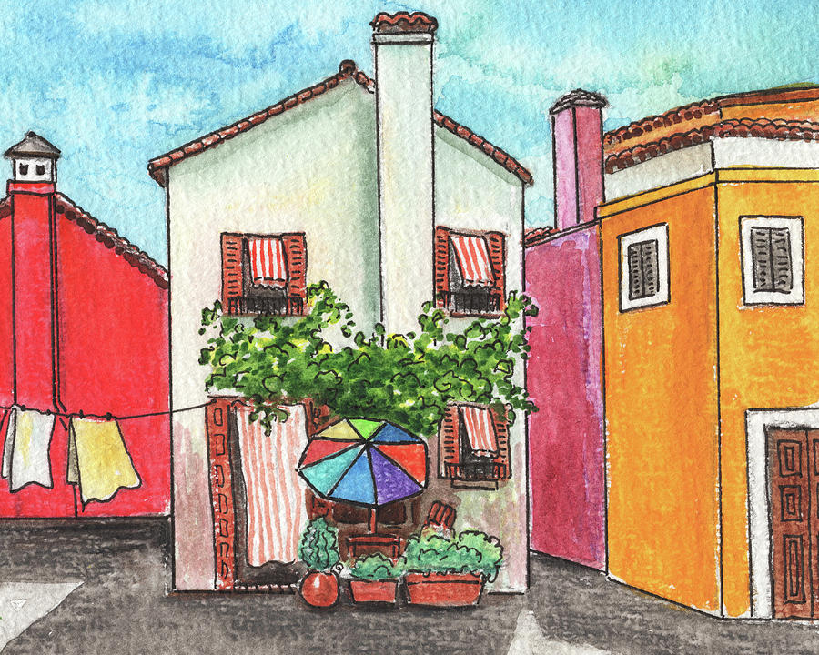 Cafe With Colorful Umbrella Island Burano Italy  Painting by Irina Sztukowski