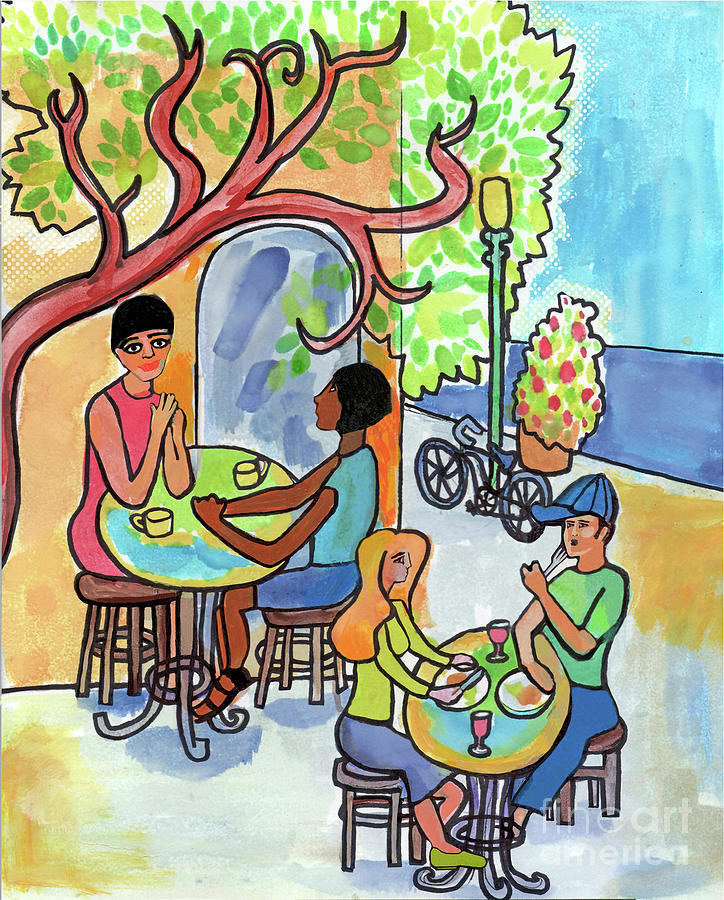 Tree Painting - Cafe With People Neighborhoods Utility Box Art by Genevieve Esson