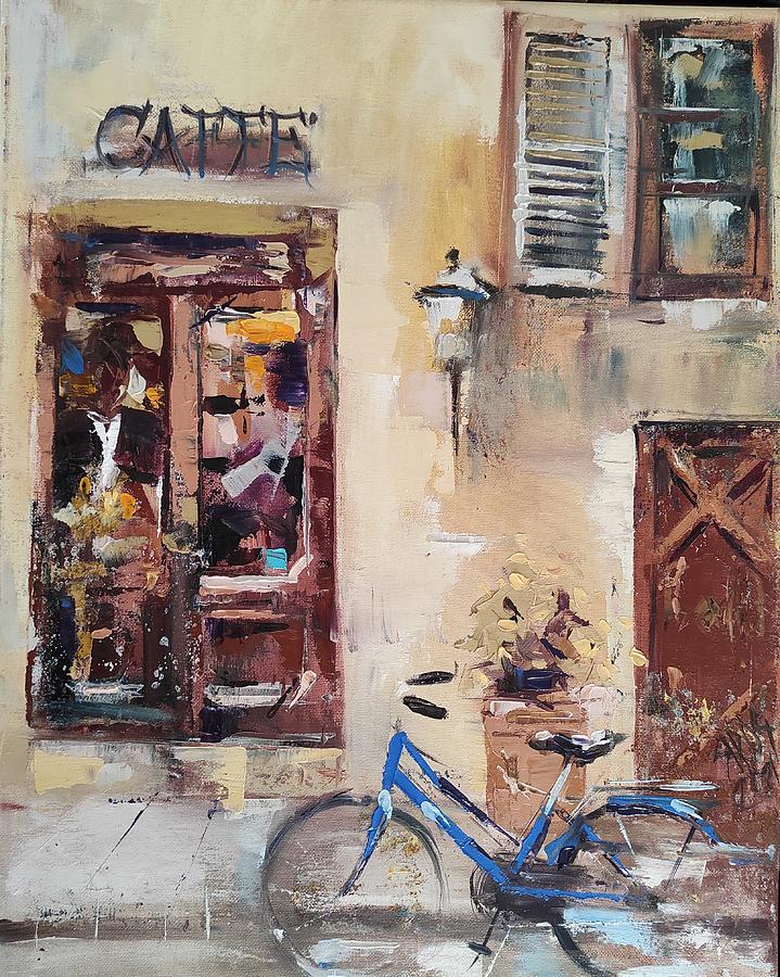Caffee shop entry with bike Painting by Lorand Sipos
