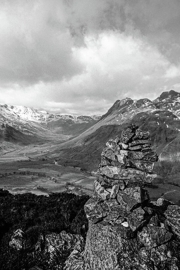 Winter Photograph - Cairn Overlooking the Langdale Valley - BW by Brian Shaw
