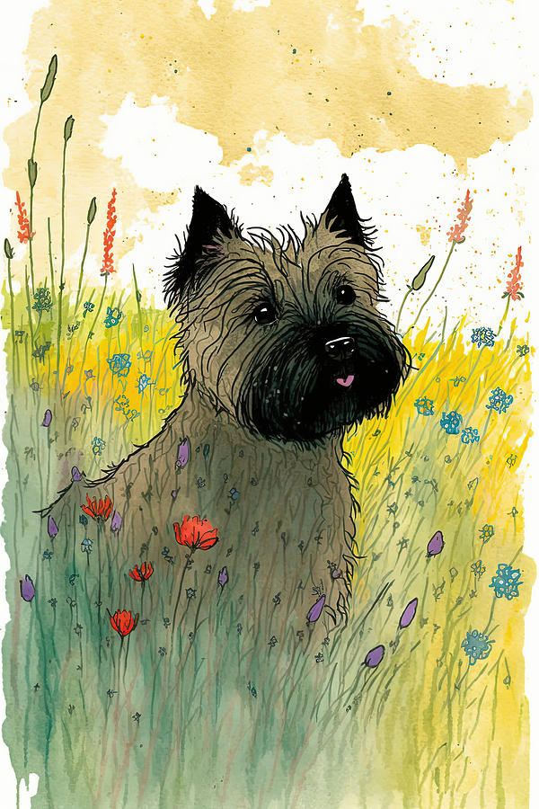 Cairn Terrier in a flower field 2 Digital Art by Debbie Brown