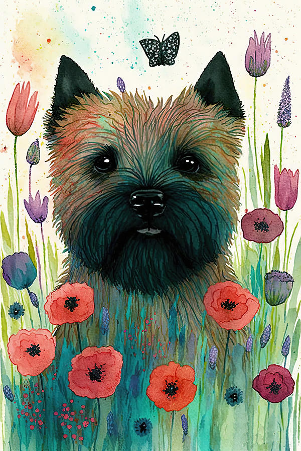 Cairn Terrier in a flower field 4 Digital Art by Debbie Brown