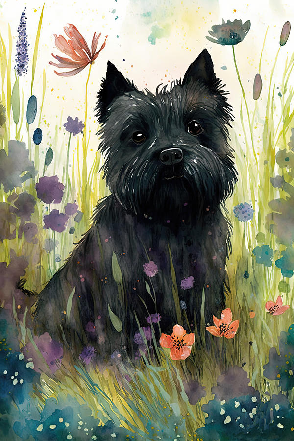 Cairn Terrier in a flower field 5 Digital Art by Debbie Brown