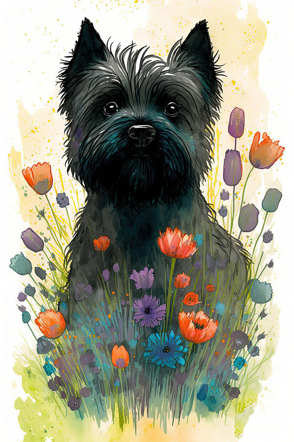 Cairn Terrier in a flower field 6 Digital Art by Debbie Brown