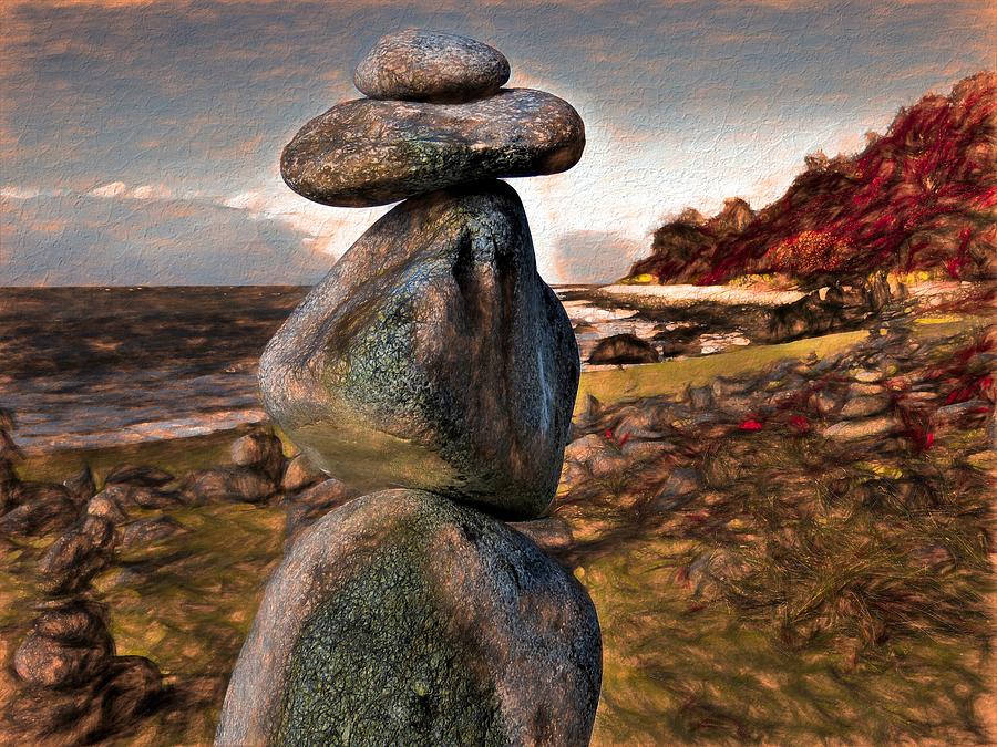 Cairns Beaches Queensland Stone Cairn Rustic 1 of 2 Mixed Media by Joan Stratton