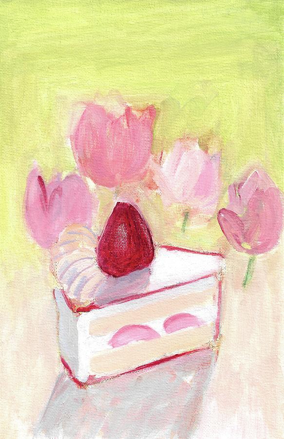 Cake and Tulips Painting by Kazumi Whitemoon