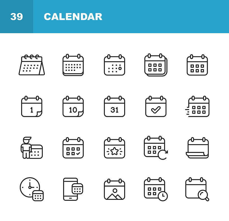 Calendar Line Icons. Editable Stroke. Pixel Perfect. For Mobile and Web. Contains such icons as Calendar, Appointment, Holiday, Clock, Time, Deadline. Drawing by Rambo182