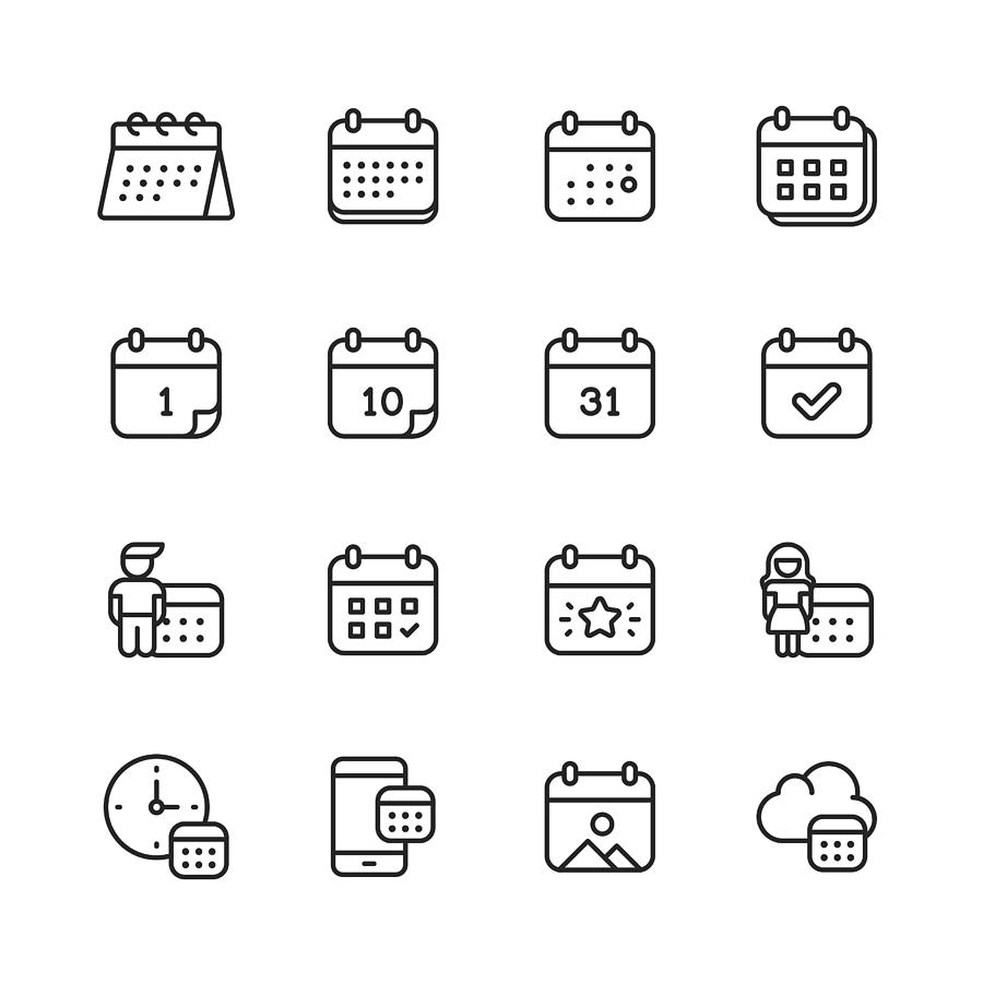 Calendar Line Icons. Editable Stroke. Pixel Perfect. For Mobile and Web. Contains such icons as Calendar, Appointment, Payment, Holiday, Clock. Drawing by Rambo182